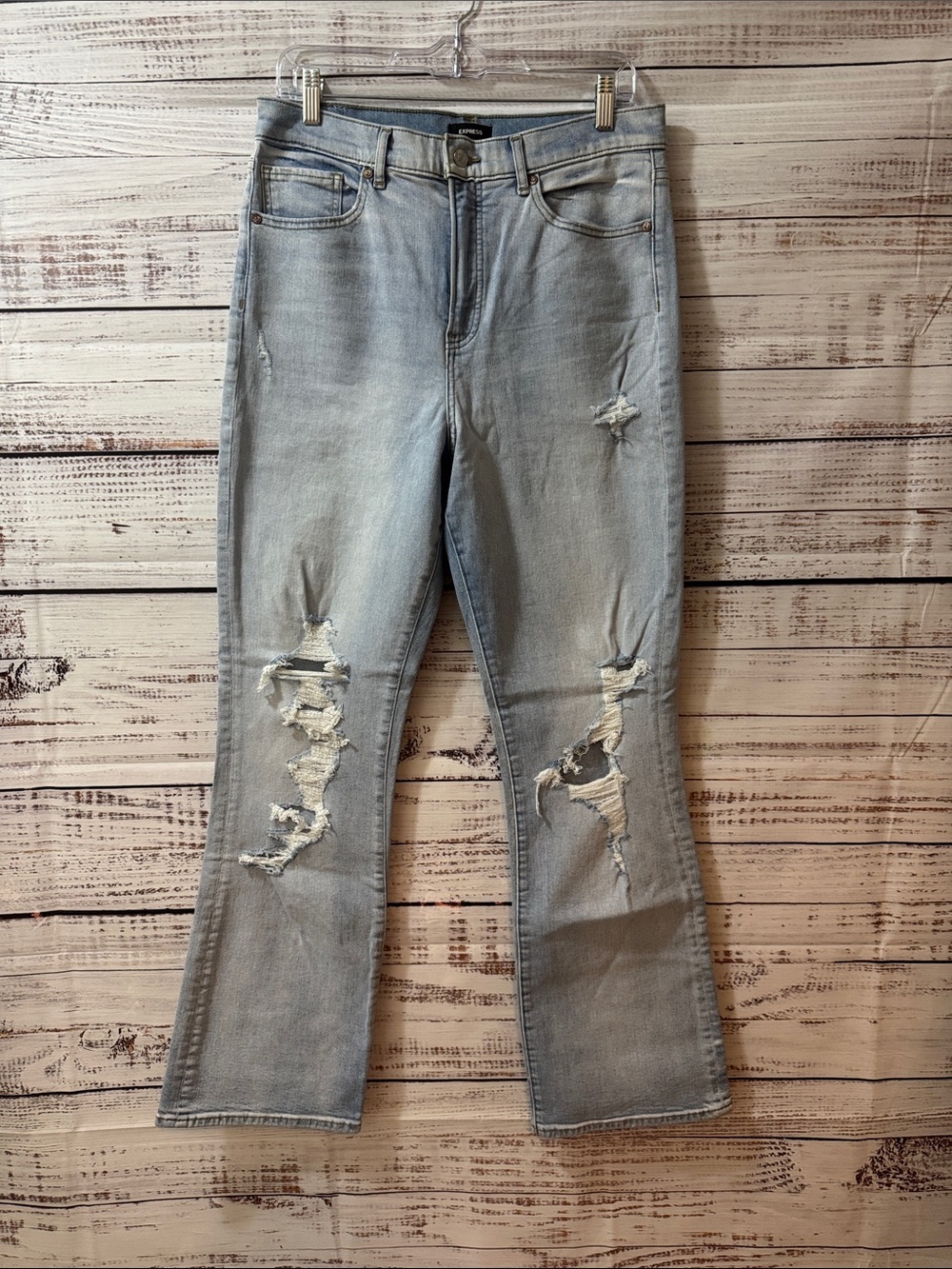 Express Light Blue Distressed Boot Cut Jeans